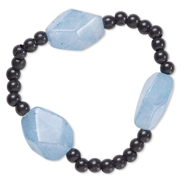 Bracelet, Everyday Jewelry™, stretch, quartz (dyed) and acrylic, black and blue, 5mm round and medium to large tumbled nugget, 6-1/2 inches. Sold individually. image number 0