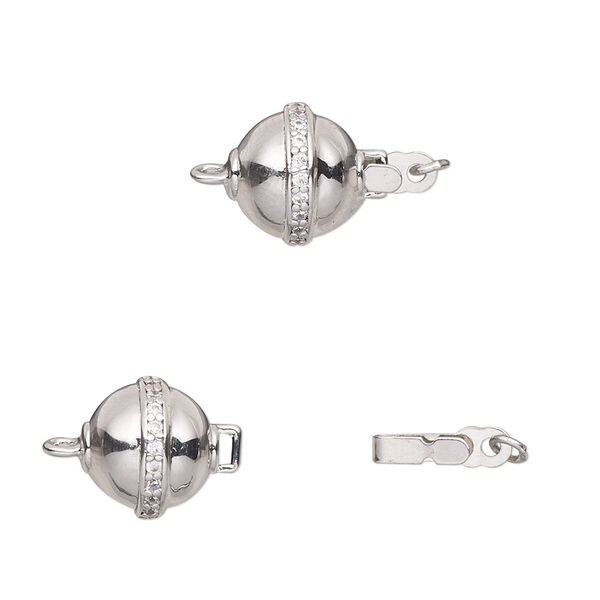 Clasp, tab with safety, cubic zirconia and rhodium-plated brass, clear, 10mm round with band design and closed jump ring. Sold individually. image number 0