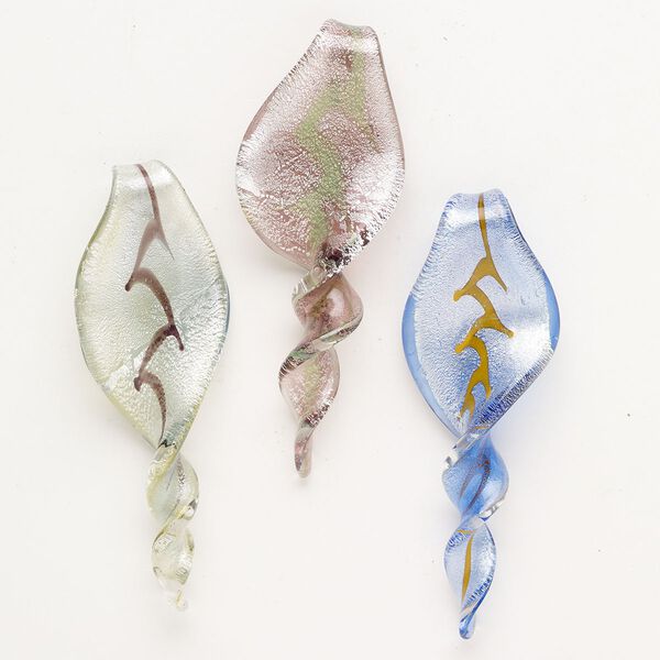 Random focal mix, lampworked glass, opaque mixed colors with silver-colored foil and copper-colored glitter, 2-1/2 x 1/2 to 3 x 1-1/2 inch twist. Sold per pkg of 3. image number 0