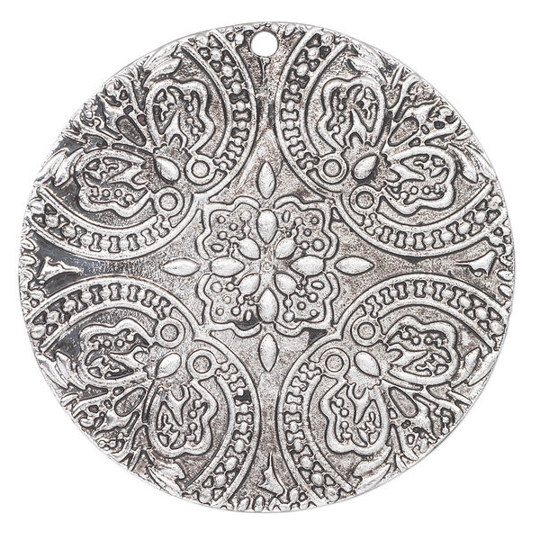 Focal, antique silver-plated "pewter" (zinc-based alloy), 42mm single-sided fancy round. Sold per pkg of 2. image number 0