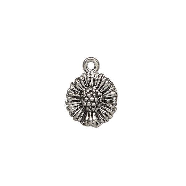 Charm, antiqued pewter (tin-based alloy), 13mm single-sided daisy. Sold per pkg of 2. image number 0