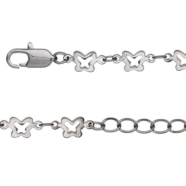 Chain, gunmetal-finished brass, 3x2mm oval and 6x5mm open butterfly, 24 inches with 1-1/4 inch extender chain and lobster claw clasp. Sold individually. image number 0