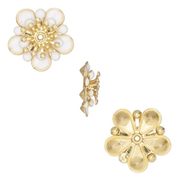Component, epoxy and gold-finished copper, white, 19mm center-drilled single-sided flower. Sold per pkg of 2. image number 0