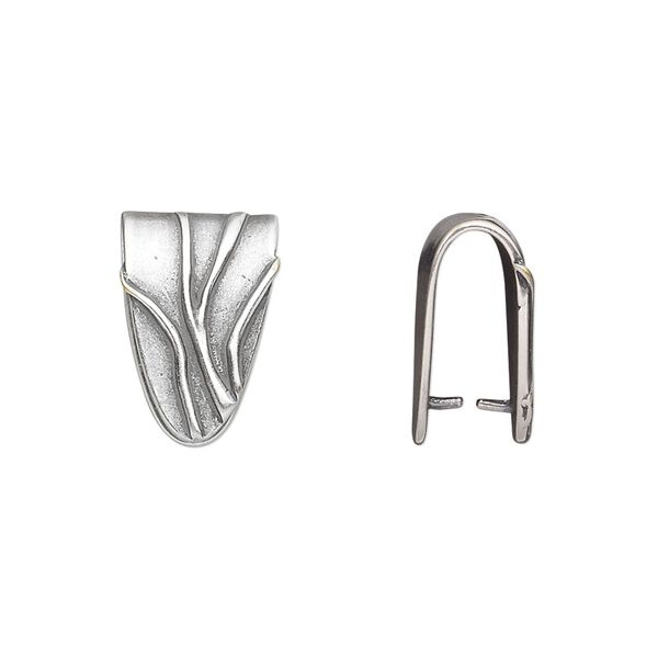 Bail, JBB Findings, ice-pick, antique silver-plated brass, 15x10mm shield with lines, 11.5mm grip length. Sold individually. image number 0