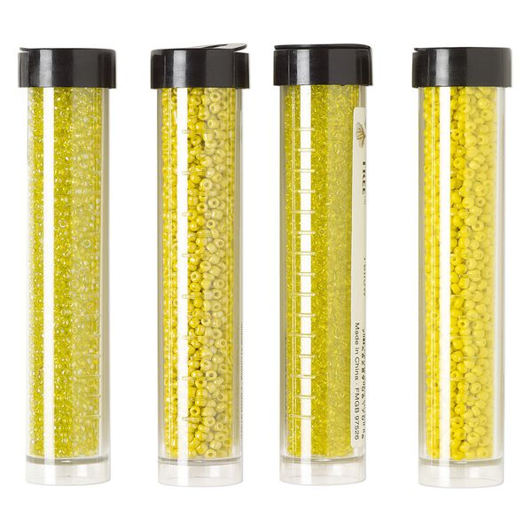 Seed bead assortment, Ming Tree™, glass, pkg/(4) 4 x 3/4 inch vials, #11 round, opaque and transparent yellow with various finishes. image number 0