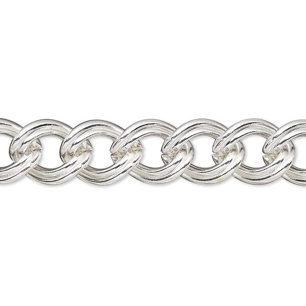 Chain, silver-plated brass, 9.5mm double curb. Sold per pkg of 5 feet. image number 0