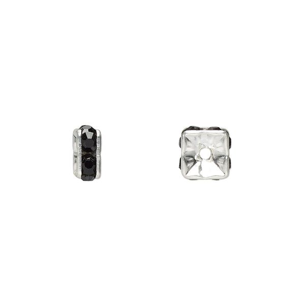 Bead, glass rhinestone and silver-plated brass, black, 6x3mm squaredelle. Sold per pkg of 10. image number 0