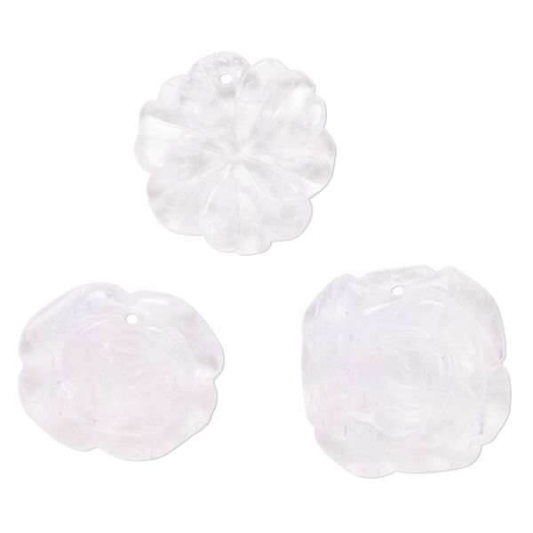 Drop mix, glass, translucent speckled  light purple, 25x21mm-25x25mm top-drilled, carved flower. Sold per pkg of 3. image number 0