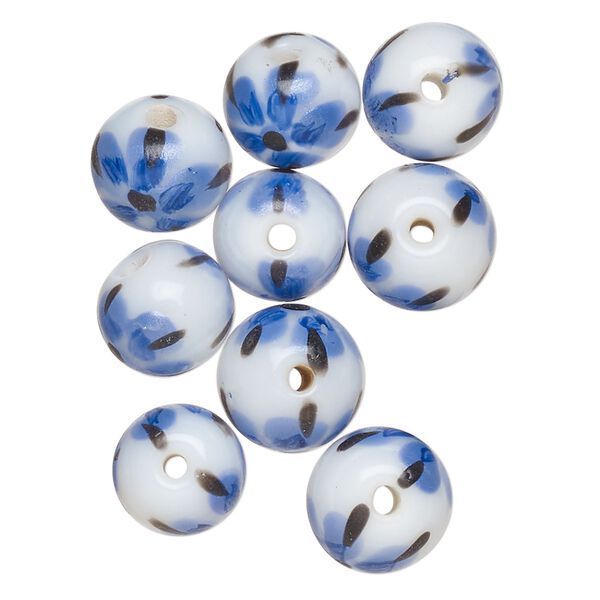 Bead, lampworked glass, opaque white / black / blue, 9-11mm round. Sold per pkg of 10. image number 0