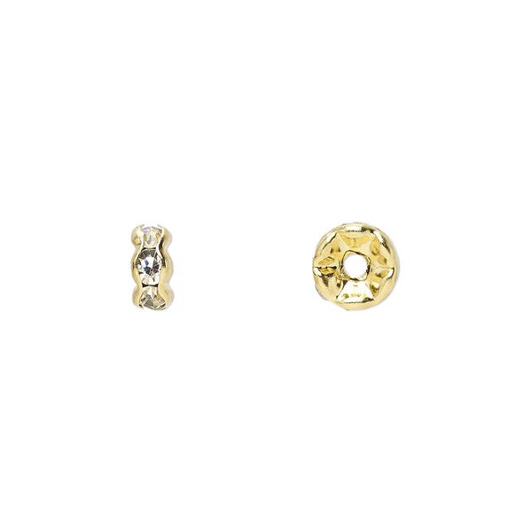 Bead, gold-finished brass and rhinestones, clear, 6x3mm rondelle. Sold per pkg of 10. image number 0