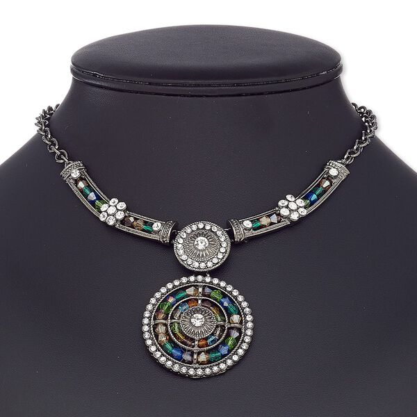 Necklace, glass rhinestone / glass / gunmetal-coated plastic / gunmetal-plated steel / "pewter" (zinc-based alloy), multicolored, 44mm round, 16 inches with 2-inch extender chain and lobster claw clasp. Sold individually. image number 0