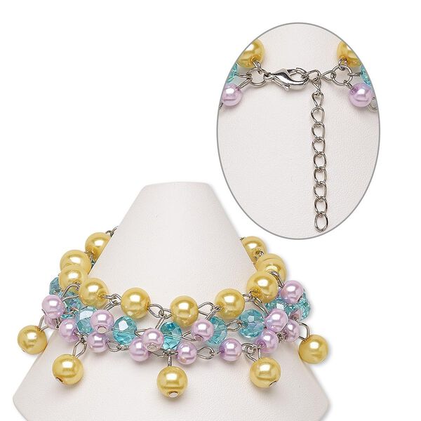 Bracelet, 3-strand, glass with silver-plated steel and brass, pink / aqua blue / yellow, round, 6-1/2 inches with 2-inch extender chain and lobster claw clasp. Sold individually. image number 0