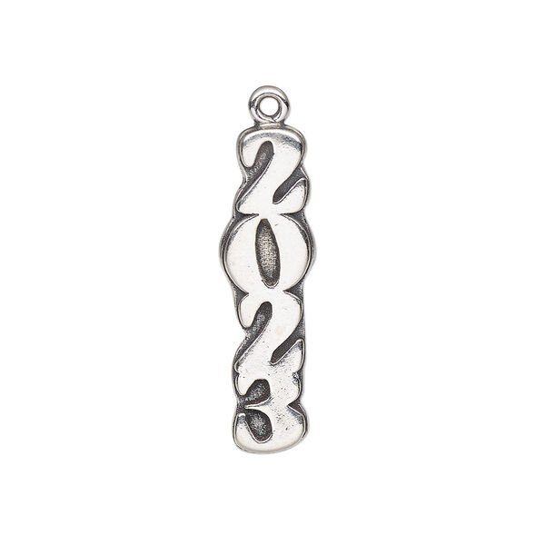Charm, sterling silver, 27x8mm single-sided "2023." Sold individually. image number 0