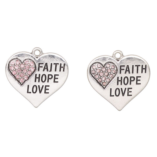 Charm, antique silver-finished enamel "pewter" (zinc-based alloy) and glass, pink and black, 25x22mm heart with "Faith / Hope / Love". Sold per pkg of 2. image number 0