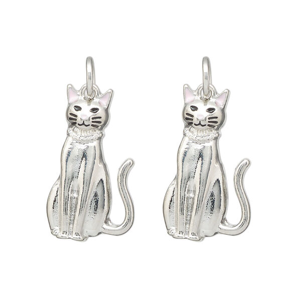 Charm, imitation rhodium-finished "pewter" (zinc-based alloy) and enamel, pink and black, 23.5x13mm sitting cat. Sold per pkg of 2. image number 0