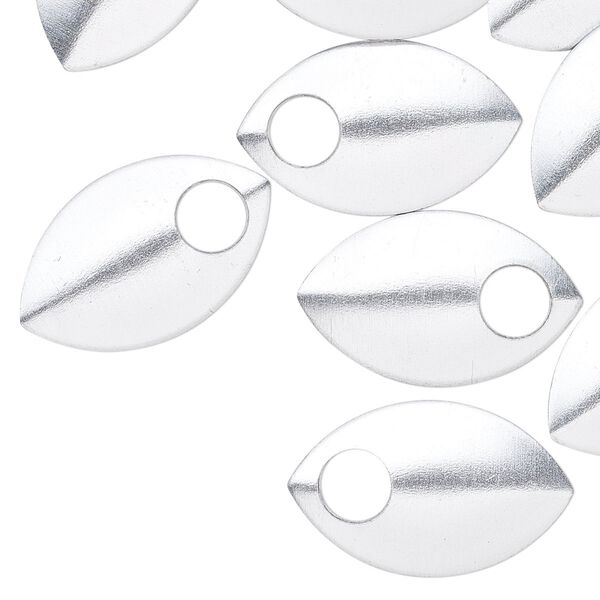 Component, anodized aluminum, silver, 22x14mm 2-sided curved scale blank with 5mm hole, 20 gauge. Sold per pkg of 20. image number 0