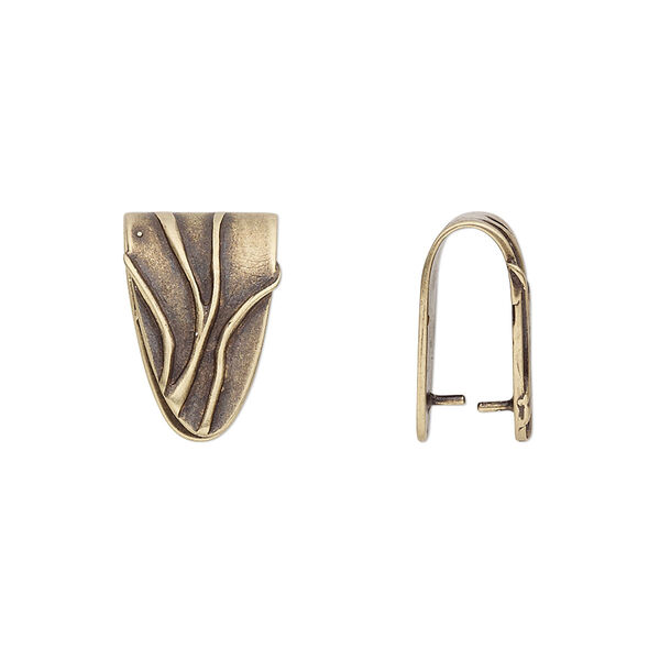 Bail, JBB Findings, ice-pick, antiqued brass, 15x10mm shield with lines, 11.5mm grip length. Sold individually. image number 0