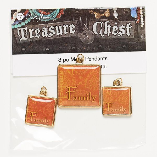 Drop, gold-finished "pewter" (zinc-based alloy), assorted square with "Family." Pkg/3. image number 0