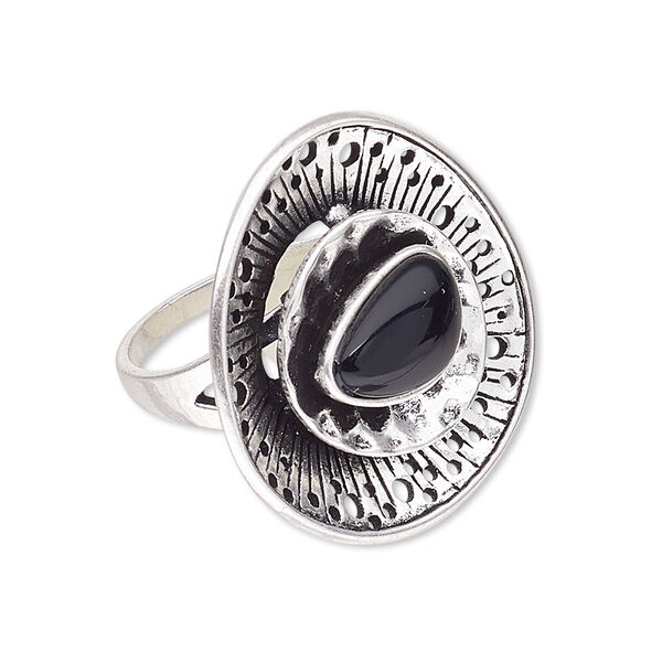 Ring, resin and antique silver-plated "pewter" (zinc-based alloy), black, 29mm freeform round, size 8. Sold individually. image number 0