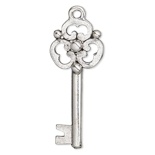 Focal, antique silver-plated pewter (tin-based alloy), 43x18mm double-sided key. Sold individually. image number 0