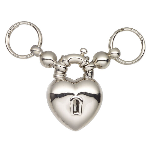 Clasp, springring, silver-finished "pewter" (zinc-based alloy) and steel, 39x29mm-42x31mm heart with 2 rings. Sold individually. image number 0
