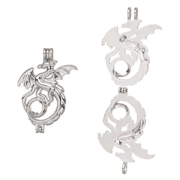 Pendant, imitation rhodium-finished "pewter" (zinc-based alloy), 41.5x29.5mm two-sided dragon bead cage, fits 8mm round bead. Sold individually. image number 0