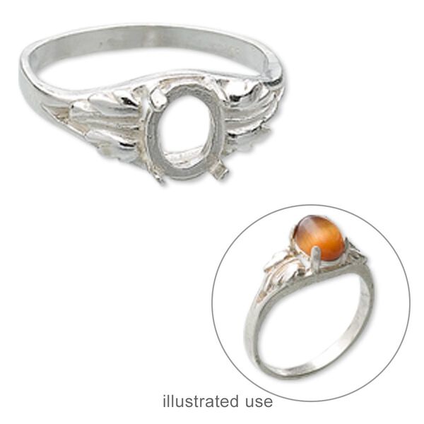 Ring, sterling silver, two-leaf band with 8x6mm 4-prong oval setting, size 8. Sold individually. image number 0