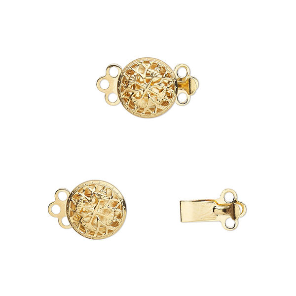 Clasp, 3-strand tab, gold-plated brass, 9mm filigree round. Sold per pkg of 100. image number 0