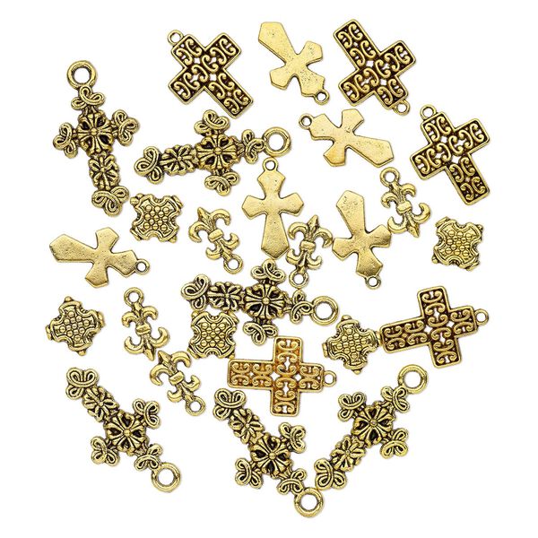 Bead and drop, antique gold-finished "pewter" (zinc-based alloy), 12x9mm-26x17mm single- and double-sided assorted cross. Sold per pkg of 25. image number 0