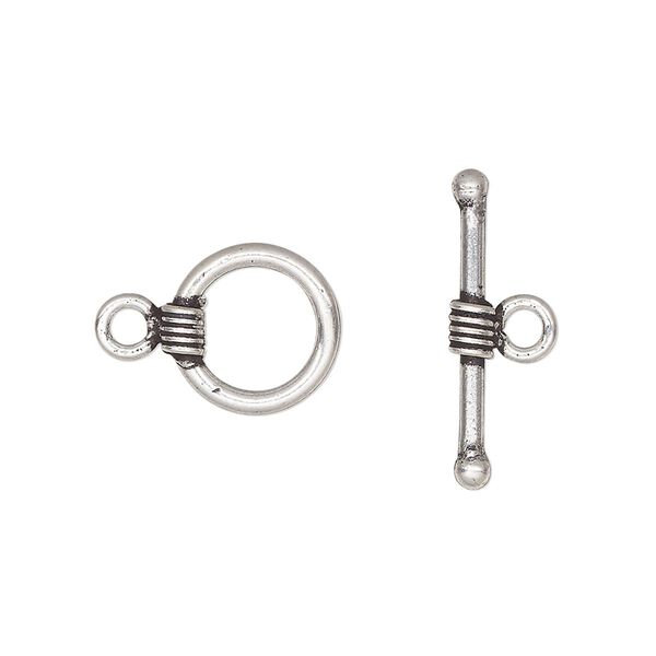 Clasp, toggle, antiqued sterling silver, 12mm round with lines. Sold individually. image number 0