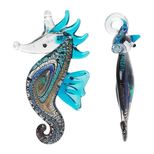 Focal, lampworked glass, multicolored with silver-colored foil and gold-colored glitter, 59x35mm seahorse with swirl pattern. Sold individually. image number 0