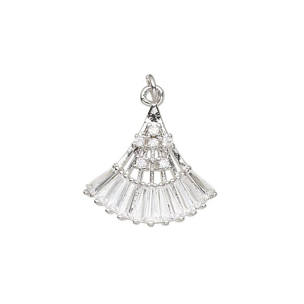 Drop, cubic zirconia and imitation rhodium-plated brass, clear, 19x17mm single-sided fan. Sold individually. image number 0