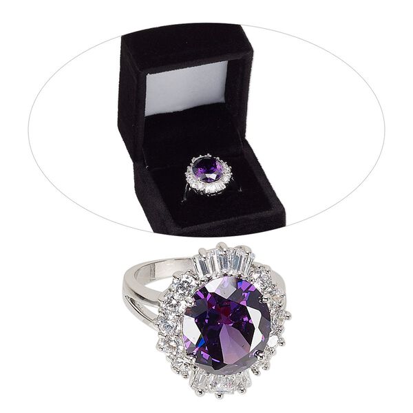 Ring, cubic zirconia and rhodium-finished brass, tanzanite purple and clear, 22mm fancy oval, size 8. Sold individually. image number 0