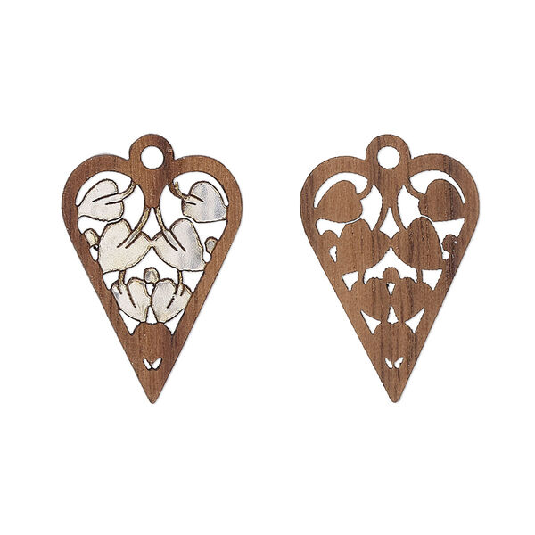 Drop, black walnut (natural) and aluminum foil, 20x15mm single-sided laser-cut heart with cutout leaves. Sold per pkg of 2. image number 0