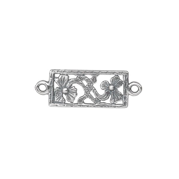 Link, antiqued sterling silver, 20x9mm single-sided flat rectangle with flowers and vines cutout design. Sold individually. image number 0