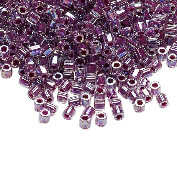 Seed bead, Delica®, glass, pkg/250g, #8 cut, translucent raspberry-lined rainbow crystal clear (DBLC-0056). image number 0