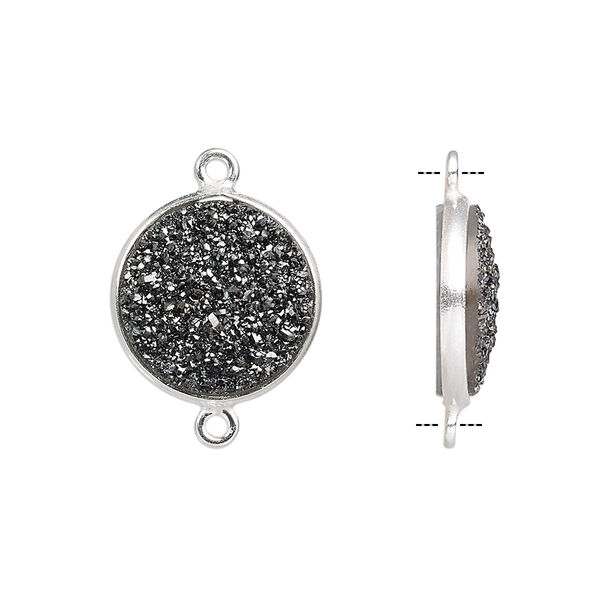 Link, titanium- / electro-coated druzy agate (coated) / sterling silver, black, 15mm hand-cut single-sided flat round. Sold individually. image number 0