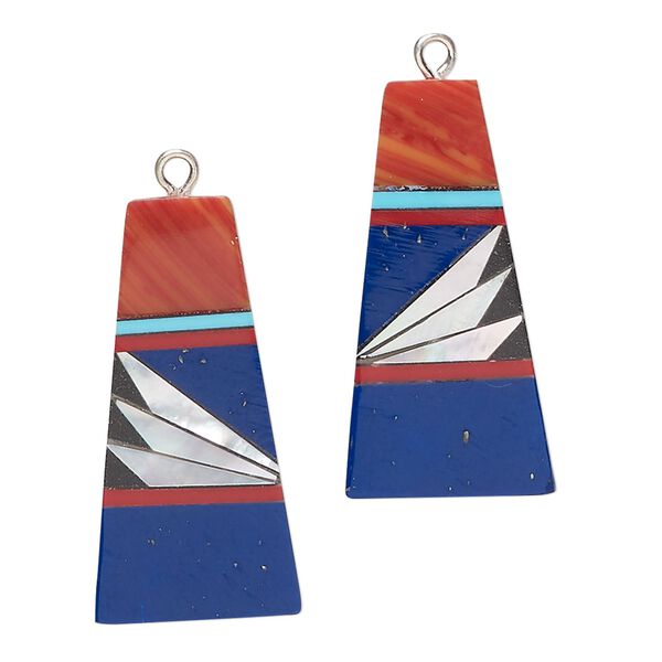 Drop, mother-of-pearl shell / resin / silver-finished "pewter" (zinc-based alloy) (assembled), multicolored, 26x10mm single-sided flat trapezoid. Sold per pkg of 2. image number 0
