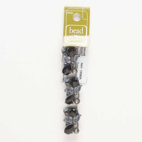Link, gunmetal-finished "pewter" (zinc-based alloy) and glass, black / light blue / khaki, 27x17mm rectangle with flower and teardrop, 4 hidden loops, fits up to 9.5mm beads. Sold per pkg of 3. image number 0