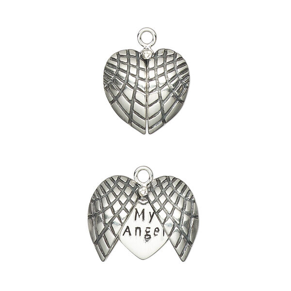 Charm, antiqued sterling silver, 13mm single-sided winged puffed heart with "My Angel" inner heart. Sold individually. image number 0