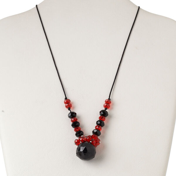 Necklace, silver-finished steel / nylon / glass, black and red, 22x21mm faceted teardrop, 20 inches with 2-inch extender chain and lobster claw clasp. Sold individually. image number 0