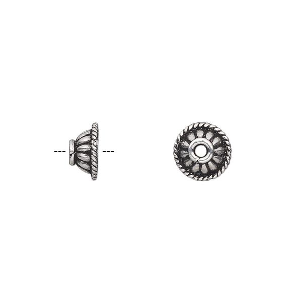 Bead cap, antiqued sterling silver, 8x4mm corrugated round with rope edge, fits 8-10mm bead. Sold per pkg of 12. image number 0