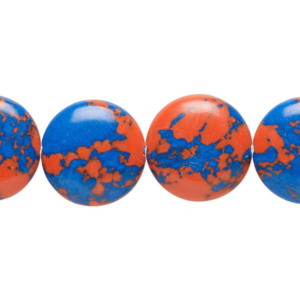 Bead, resin, dark blue and orange, 16mm flat round. Sold per 15" to 16" strand. image number 0