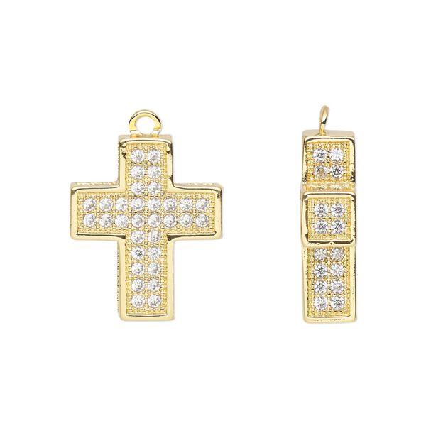 Drop, cubic zirconia and gold-finished brass, clear, 19x15.5mm single-sided cross. Sold individually. image number 0