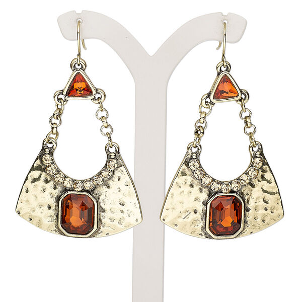 Earring, glass rhinestone / resin / gold-finished brass / steel / "pewter" (zinc-based alloy), brown and light topaz brown, 2-1/4 inches with triangle and fishhook ear wire. Sold per pair. image number 0