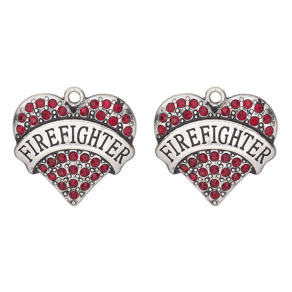Charm, antique silver-finished "pewter" (zinc alloy) and glass, red, 25x23mm firefighter heart. Sold per pkg of 2. image number 0