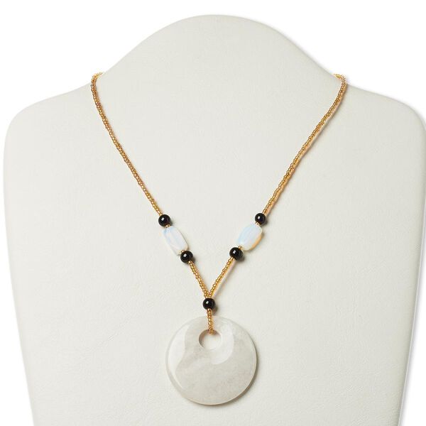 Multi-gemstone / glass / "pewter" (zinc-based alloy) 1pkg1, AB silver-finished / antique gold-finished go-go necklace 17 inch / 2 inch dangle / lobster claw clasp 44mm image number 0