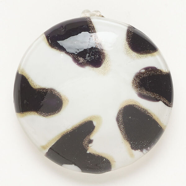 Focal, lampworked glass, opaque black and white copper-colored glitter, 54mm domed round with hidden loop. Sold individually. image number 0