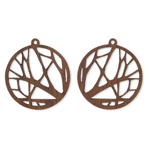Drop, wood (natural), 25mm single-sided left- and right-facing flat round with cutout branches design. Sold per pkg of 2. image number 0