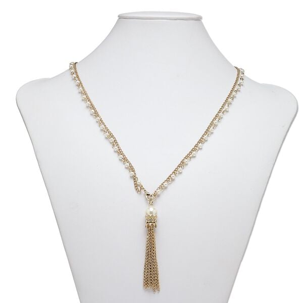 Necklace, 2-strand, acrylic pearl / glass rhinestone / gold-finished steel, white and clear, 3-inch dangle, 36 inches with lobster claw clasp. Sold individually. image number 0